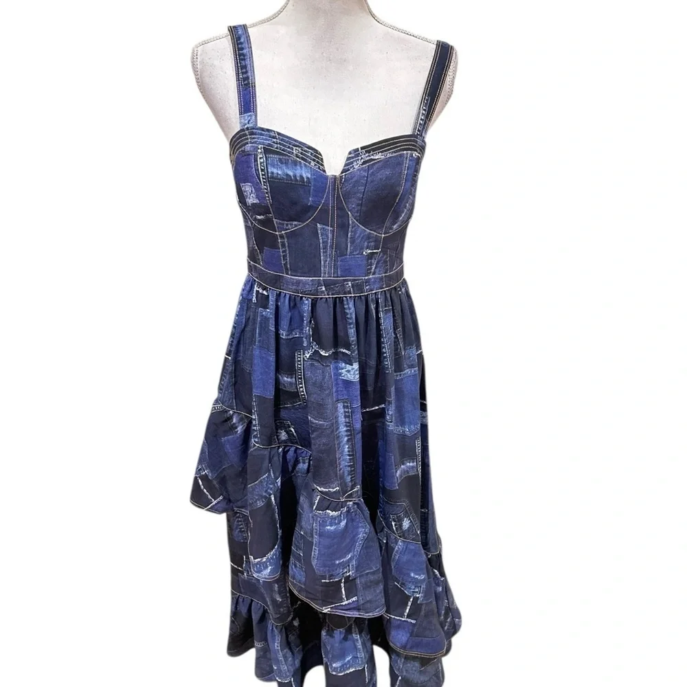 Cinq à Sept Jordyn Navy blue Patchwork tiered ruffle Midi cocktail Dress size 6 - Picture 2 of 16